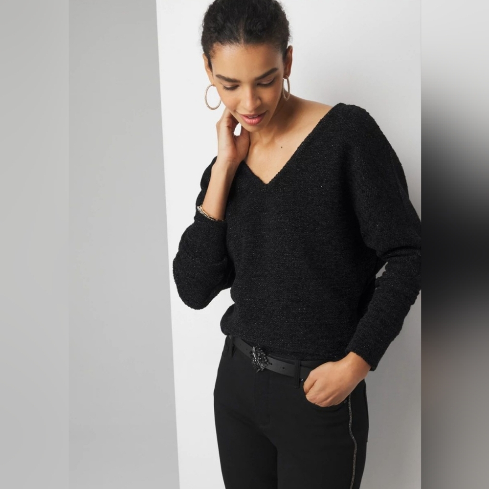 White‎ House Black Market V-Neck Chenille Pullover Sweater, Black/Golden Lurex